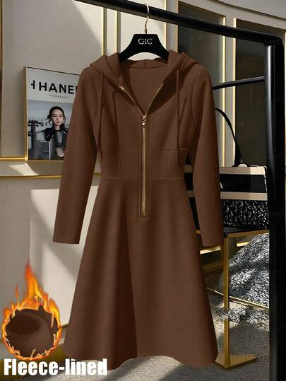 GlowEve CURVE Women's Knitted Gold Zipper Decor Hooded Sweatshirt Dress, French Casual Everyday Commute Fashion French Elegant Street Vintage Versatile Holiday Business Cream Beige/Ivory Long Sleeve Dress, Autumn/Winter