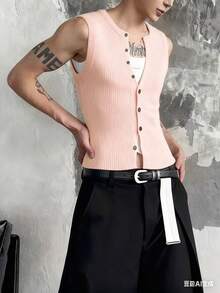 Manfinity Roghcode Men's Solid Color Front Button Rib Knit Vest - Coral Pink - View 4