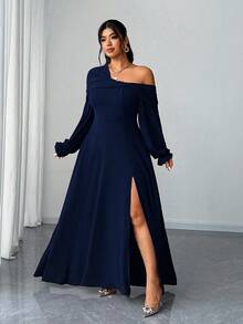 Elenzga Váy maxi xẻ tà cao dáng chữ A dài tay, cổ lệch, lãng mạn, thanh lịch dành cho tiệc/đám cưới cỡ lớn dành cho nữ, mùa xuân/thu/đông - Màu xanh hải quân - Xem 3