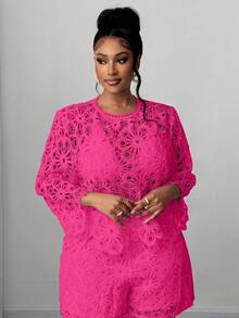 Maweii 大码女式镂空花卉拼接休闲百搭度假约会短裤 - 粉色 - 查看 7