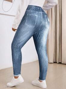 SHEIN PETITE CURVE Plus Size Casual Retro Loose Denim Print Pattern Leggings, Suitable For Autumn/Winter - Blue - View 2