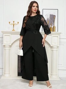 Reflora Plus Size Solid Color Round Neck Raglan Sleeve Waist Cinched Lace Patchwork Jumpsuit - Black - View 6