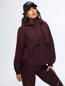 Eassivo Eassivo Women's Wine Red Hooded Windbreaker Jacket, Loose Fit Utility Outerwear, Flap Pocket Detail, Zipper Closure, Sports Street Style, Athleisure Lightweight Jacket - Red - View 3