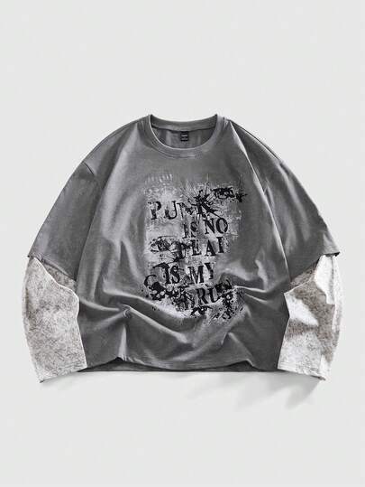 Street Life T-shirt décontracté mode de rue pour hommes, imprimé sombre avec slogan, 2 en 1, printemps/automne