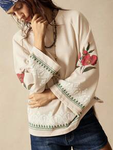 Bohemela Sudadera holgada de cuello redondo de punto de unicolor estilo retro casual con estampado lavado para mujer en otoño/invierno - Albaricoque - Ver 6
