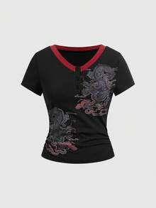 ROMWE Avant Women's Retro Chinese Style 2 In 1 Open Front Dragon & Cloud Print T-Shirt - Black - View 1