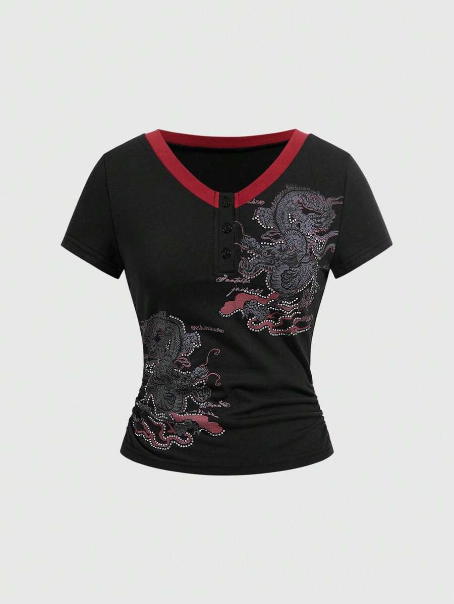 ROMWE Avant Women's Retro Chinese Style 2 In 1 Open Front Dragon & Cloud Print T-Shirt - Black - View 1