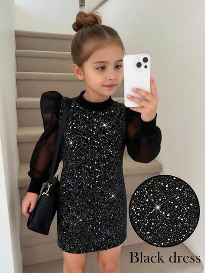 Vestido de manga larga con cuello alto ajustado, estilo casual de calle con destellos plateados para niñas, vestido negro elegante adecuado para uso casual, diario, escuela, Navidad, fiesta, cumpleaños, fotografía en otoño e invierno, a juego madre-hija