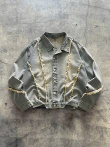 AXEPEAK 男士长袖毛边单排扣休闲宽松做旧牛仔夹克 - 藍色 - 查看 1