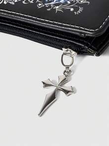 ROMWE Goth 哥特风钱包，朋克女孩爱心宝石水晶泪滴、星星、太阳、宝剑创意设计五芒星拉链零钱包，休闲时尚卡包 - 黑灰色 - 查看 2