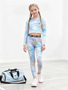 JNSQ Tween-Mädchen Kleidung, Outfit-Sets, Kinder-Sportbekleidung Herbst/Winter, Langärmliges, thermogefüttertes, tailliertes Batik-Top mit passender Yogahose, Set aus 2-teiligem Top mit Lustigem 3M-Reflexlogo und passender Yogahose, geeignet für Herbst/Winter: Alltag, Outdoor-Aktivitäten, Urlaub, Streetwear, Party und Freizeit - Verschiedenfarbig - Übersicht 2