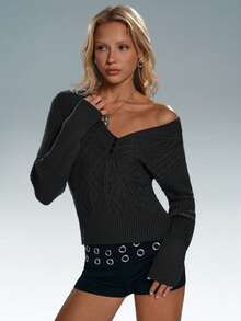 SHEIN TRNDY Women's Casual V-Neck Textured Slim Fit Relaxed Sweater, Long Sleeve - Dark Grey - View 4