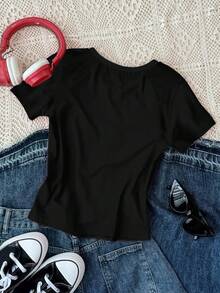 SHEIN 3pcs/Set Teen Girl Casual Minimalist Tight Fit Round Neck Short Sleeve High Waist Cropped Regular T-Shirt, Street Graphic, Retro Sporty Leopard Print Number 98 58 City Letter Pattern, White, Black, Dark Grey, Suitable For Summer, Street, Campus, Outdoor, Casual - Multicolor - View 8