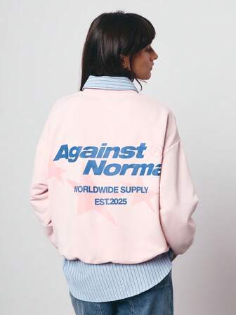 SURIMA Casual Pink Minimalist Printed Pattern Crew Neck Loose Fit Long Sleeve Hoodie For Women