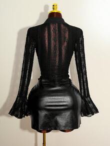 Jeanoix Lace Patchwork Semi-Sheer Long Sleeve Shirt - Black - View 2