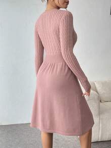 SHEIN Clasi 女士休闲纯色针织连衣裙，秋冬款 - 藕粉色 - 查看 2