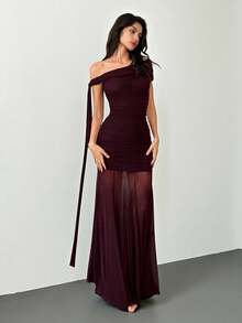 SHEIN Tall 酒红色斜肩褶皱伞裙长连衣裙，优雅大方，适合节日、婚礼、生日、毕业季等场合。 - 酒紅色 - 查看 1