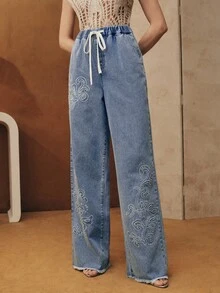 Anewsta Street Style Embroidered Blue Straight-Leg Jeans For Women - Blue - View 7