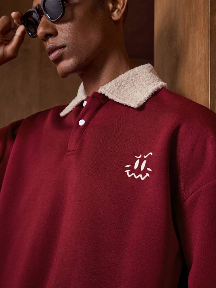 Men's Date Red Long Sleeve Cartoon Embroidered Casual Polo Shirt Polo Men Sweater Polo Men Men Buttoned Knitted Polo Long Sleeve Polo Men Rugby Shirt Polo