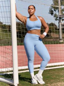 GLOWMODE OptiDry Plus Size  Win Soft Stretchy Built-In Cups Square Neck Front Zipper Crossover Back Sports Bra Medium Impact Training Running Gym Workout Daily Active Wear Valentine's Day Spring Summer - Baby Blue - View 5