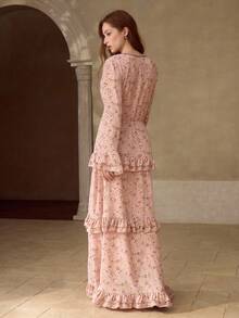 MOTF PREMIUM DITSY FLORAL FLARE SLEEVE LAYERED RUFFLE TIERED HEM MAXI DRESS , SPRING FALL - Baby Pink - View 3