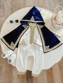 SHEIN 2pcs/Set Newborn Baby Boy/Girl Elegant Luxury White Satin Long Sleeve Romper & Navy Velvet Hooded Cape Outfit, Gold Trim Vintage Traditional Style Suitable For Indoor, Outdoor, Daily,  Party, Photo Shoot, Ceremony, Baby Shower, All Seasons,رمضان,الملابس التقليدية العربية Blue Vintage Baby Boy Outfit Baby New Year Clothes Baby Boy Vintage Outfit - Blue - View 4