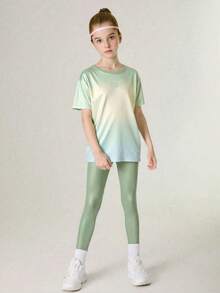 SHEIN 青少年女孩两件套：T 恤 + 紧身裤，瑜伽/运动/跑步锻炼，弹力，彩色，校园/街头风格运动服 - 薄荷綠 - 查看 4