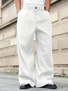 Manfinity Roghcode Plus Size Men's Casual Everyday Workwear Loose Fit Solid Color Slant Pocket Wide Leg Pants White Baggy Pants Men White Pants White Sweat Pants Japanese Pants Men Men White Linen Pants - White - View 4