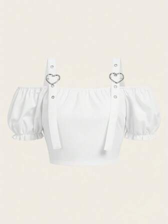 Kawaii Damen Lässig Alltags Pendler einfache einfarbige Bluse mit verstellbaren Trägern, Schulterfrei, Rüschen und Puffärmeln, tailliert geschnitten, Sommer