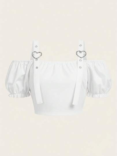 Kawaii Top corto aderente con maniche a sbuffo e spalle scoperte, colore tinta unita, regolabile, adatto per uso casual e pendolarismo, estivo