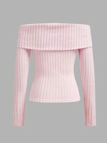 SHEIN EZwear 女士粉色罗纹针织露肩修身T恤，带蝴蝶结，性感百搭，适合派对、夜店、约会、圣诞节、新年、返校季和舒适春季穿着，打造甜美少女风。 - 粉色 - 查看 3