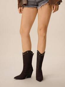 Styleloop Botas de tacón alto grueso y huecas de media pantorrilla con estilo vintage para mujer - Café integral - Ver 2
