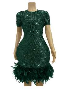 Ellevyn Váy lông vũ chắp vá sequin thời trang mùa hè cỡ lớn - Màu xanh lá cây đậm - Xem 2