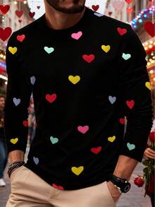 Manfinity Dauomo Męski top, wielokolorowy wzór w serduszka, dzianinowy sweter z długim rękawem i okrągłym dekoltem, luźna i modna warstwa wewnętrzna w stylu InS, elegancka i stylowa, lekka, luksusowa koszulka, prezent na walentynki, prezent dla pary, prezent dla chłopaka, prezent na powrót do szkoły, prezent noworoczny 2026 - Czarne - Zobacz 1