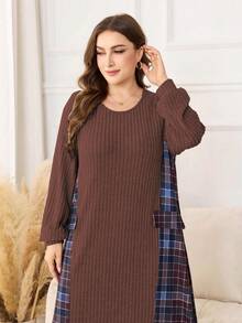 Lacomfia Women's Plus Size Long Sleeve Round Neck Brushed Plaid Patchwork Faux Pocket Knit Simple Elegant 2-Piece Set - Brown - View 4