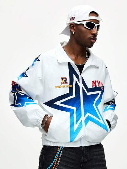 Street Life Veste décontractée zippée à manches raglan avec imprimé pentagramme pour hommes