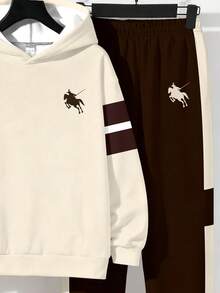 Bộ áo hoodie dài tay rộng rãi thoải mái cho bé trai, phong cách tối giản, cổ điển, thời trang, phong cách cá tính, logo ngựa con, phong cách Mỹ cổ điển, thể thao, phối màu, phù hợp cho mùa thu/đông - Nhiều màu - Xem 6