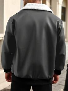 Manfinity Homme 男士加大码保暖休闲拉链PU皮内衬夹克，冬季 - 深灰色 - 查看 2