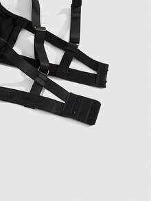 ROMWE Gothic Punk Underwire Bra, Thong, Garter Belt Sexy Lingerie Set - Black - View 3