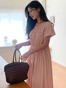 Women's Solid Color Round Neck Raglan Short Sleeve Midi Dress - Pink - View 6