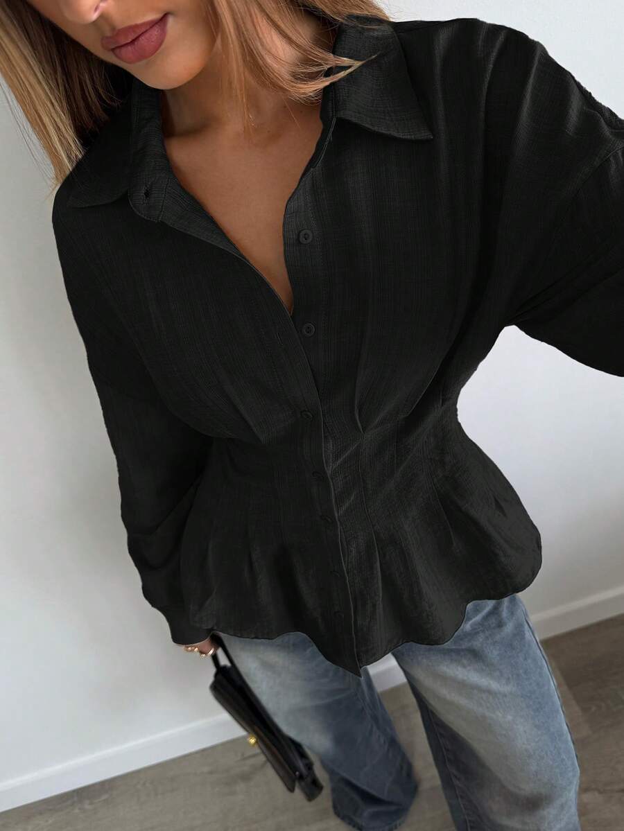 Aloruh Women's Solid Black Casual Business Loose Waist Pleated Collar Long Sleeve Shirt, Autumn/Winter Women's Black Shirt - Black - View 1