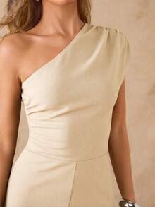 SHEIN BAE Bộ đồ liền thân ống rộng ôm sát vai bất đối xứng màu đen dành cho nữ, trang phục thanh lịch khi đi chơi hàng ngày, hẹn hò, tiệc tùng, tụ tập - Màu be - Xem 5