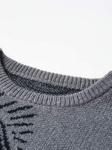 Manfinity ZONE917 Áo len dài tay cổ tròn họa tiết mắt dáng rộng cho nam, mùa thu/đông - Màu xám đen - Xem 6