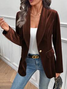 EMERY ROSE Women's Elegant Solid Color Velvet Blazer - Brown - View 3