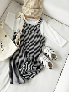 Playful Pals 男婴休闲条纹背带裤及长袖圆领上衣套装，秋冬季