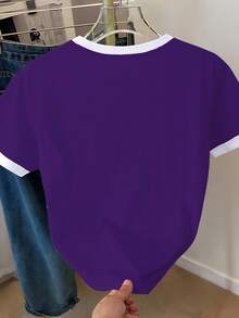 Franclia 大码撞色羽毛印花圆领短袖T恤 - 紫色 - 查看 2