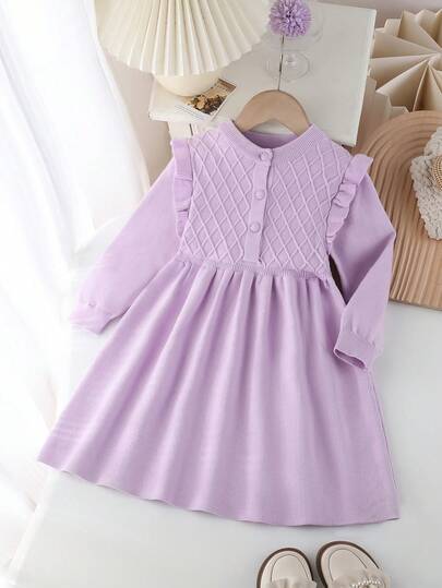 SHEIN Young Girls Knitted Long Sleeve Sweater Dress, Suitable For Autumn/Winter, Pink & Light Pink, Versatile, Elegant Ruffle Collar, Textured, Fashionable, Cute, Suitable For School, Daily Wear, Home, Outdoor, Travel Lilac Dress For Girls Lavender Girls Dress Purple Kid Dress Girls Spring And Autumn Dress Autumn And Winter Young Girls Dresses