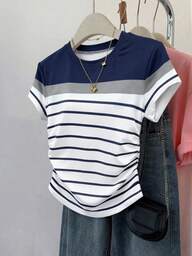 SHEIN Camiseta de mujer para exteriores, nueva llegada de verano, diseño estampado, rayas multicolor, blanco, azul marino, ropa para exteriores, camiseta ajustada con cintura fruncida