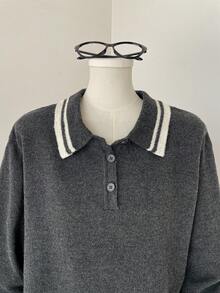 SHEIN Unity Suéter feminino de lã com gola alta e mangas compridas, estilo retrô universitário, casual e confortável para uso diário, volta às aulas, chá da tarde e outono. - Cinza escuro - Ver 4