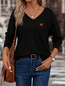 EMERY ROSE Fashionable Casual Basic New V-Neck Long Sleeve Solid Front Red Heart Print T-Shirt - Black - View 7